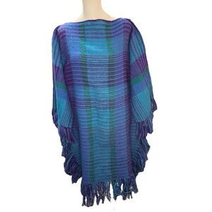 Handmade Blue Purple Green Woven Wool Plaid Tunic caftan Size Large